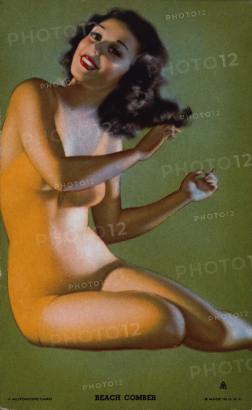 Sexy Woman in One-Piece Bathing Suit Combing Hair, "Beach Comber", Mutoscope Card, 1940's