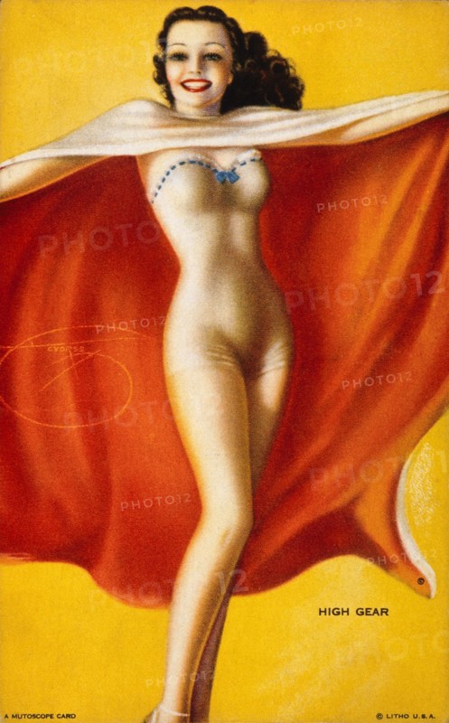 Sexy Woman Wearing One-Piece Bathing Suit and Cape, "High Gear", Mutoscope Card, 1940's