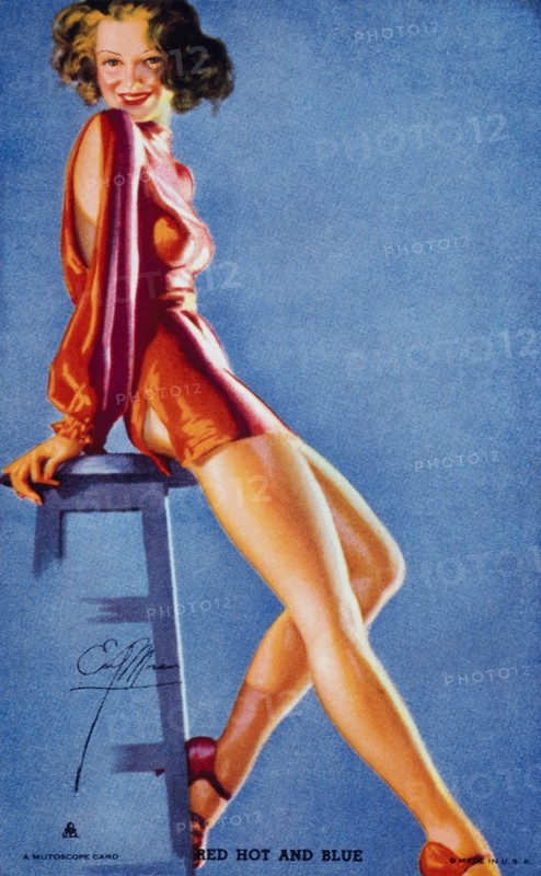 Sexy Woman Sitting on Stool, Red, Hot and Blue", Mutoscope Card, 1940's