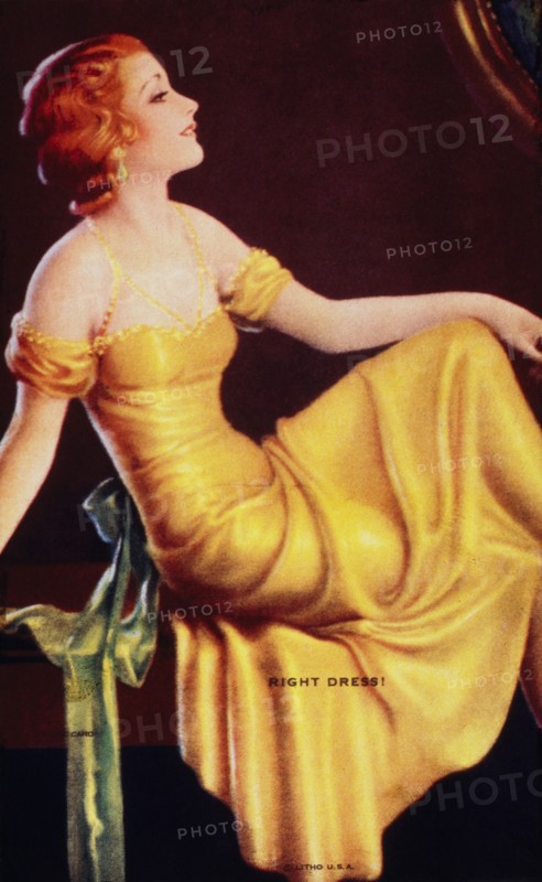Sexy Woman Wearing Yellow Gown, "Right Dress", Mutoscope Card, 1940's