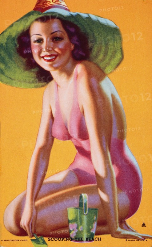 Sexy Woman Scooping Sand on Beach, " Scooping Sand on Beach", Mutoscope Card, 1940's