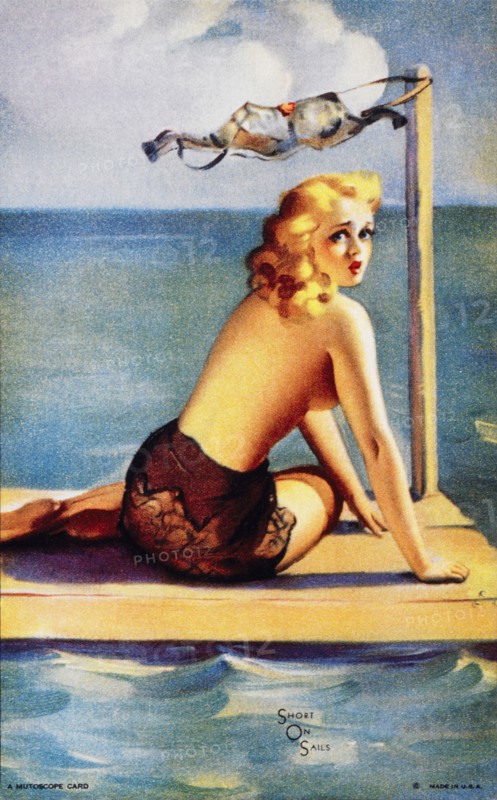 Sexy Topless Woman Using Bra as Sail, "Short on Sails", Mutoscope Card, 1940's