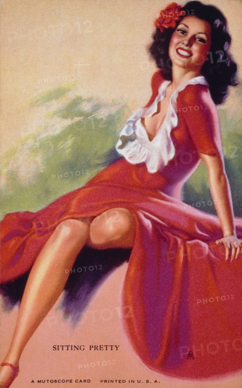 Sexy Woman in Long Red Dress, "Sitting Pretty", Mutoscope Card, 1940's