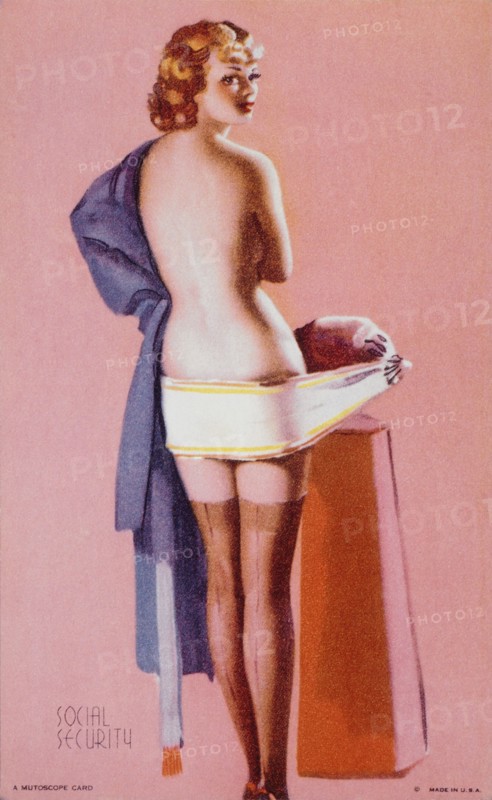 Sexy Woman Exercising Using Vibrating Belt Weight-Loss Machine, "Social Security", Mutoscope Card, 1940's