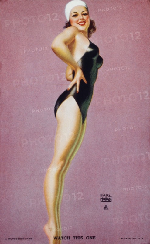 Sexy Woman Wearing Black One-Piece Bathing Suit, "Watch This One", Mutoscope Card, 1940's