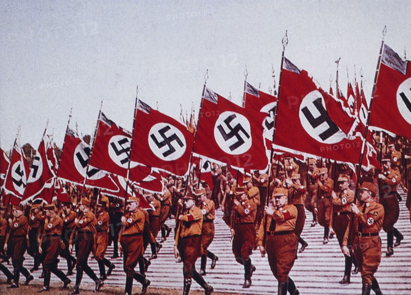 German SA Troops Marching with Nazi Flags at Rally, Nuremberg, Germany, 1933
