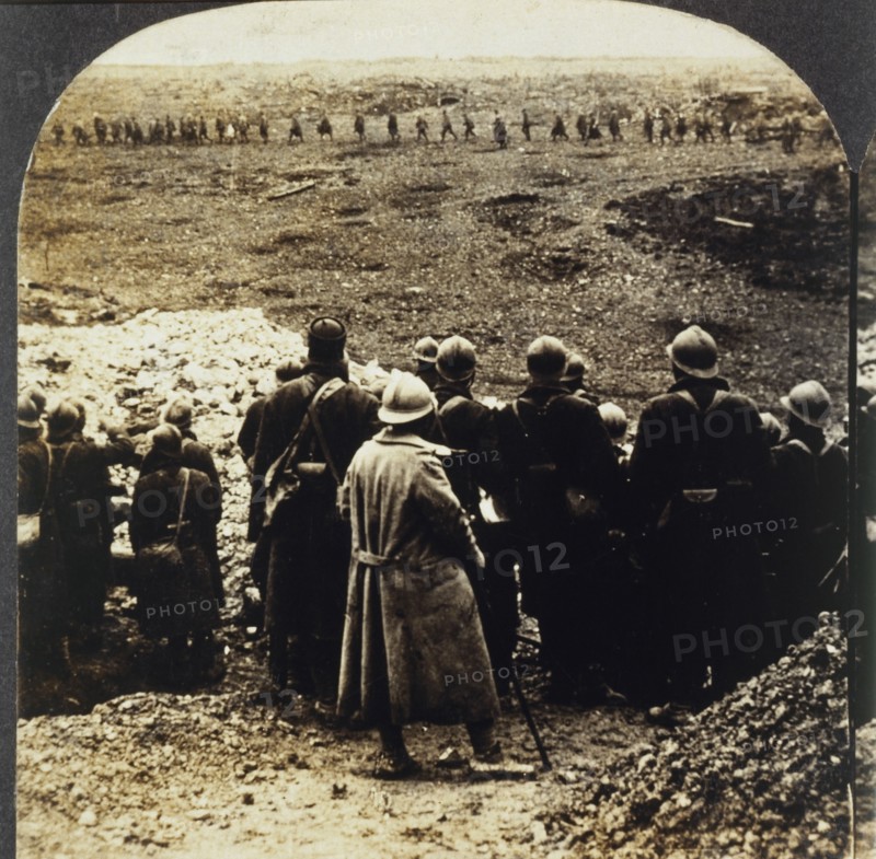 French Reserves Watching Troops Advance to Front Line, Single Image of Stereo Card, 1917