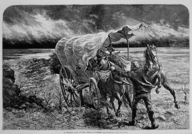 Man and Woman With Covered Wagon on Prairie During Windstorm, "A Prairie Wind-Storm", Harper's Weekly, May 30, 1874