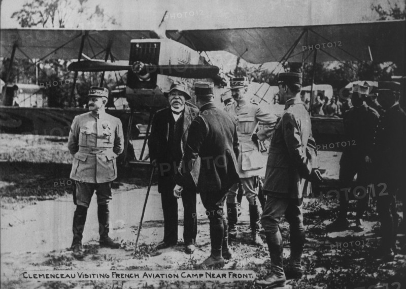 French Prime Minister Georges Clemenceau with Military Officers During Visit to French Aviation Camp, World War I, 1917