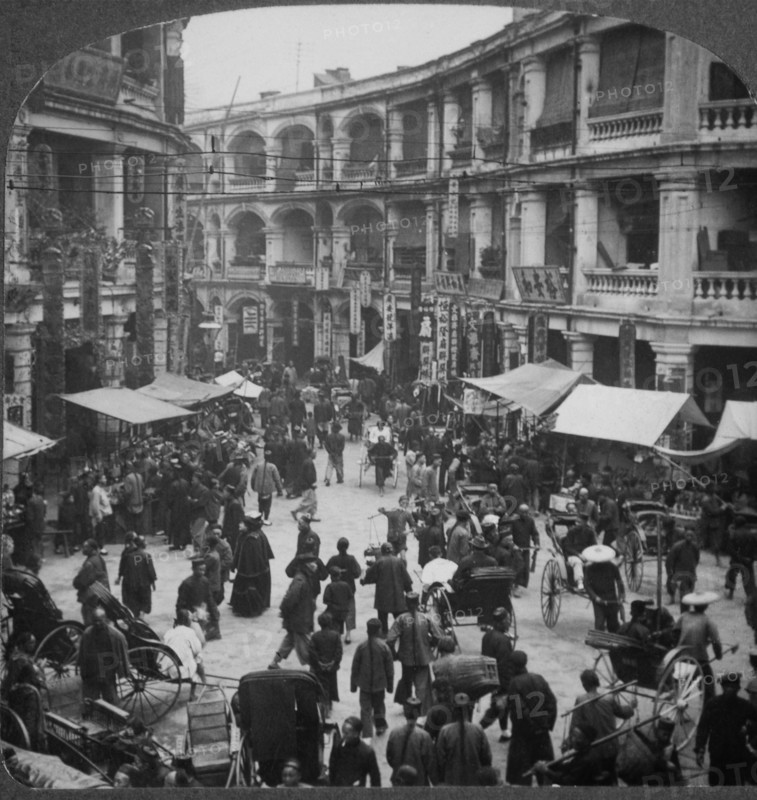 Busy Street Scene, Queen's Road, Hong Kong, Single Image of Stereo Card, 1902
