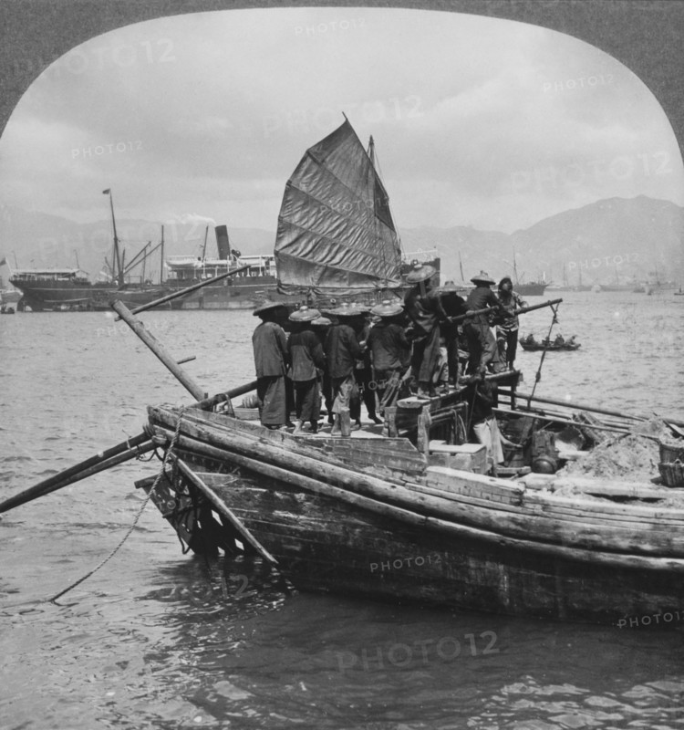 Group of Men on Fishing Boat in Harbor, Hong Kong, Single Image of Stereo Card, 1910