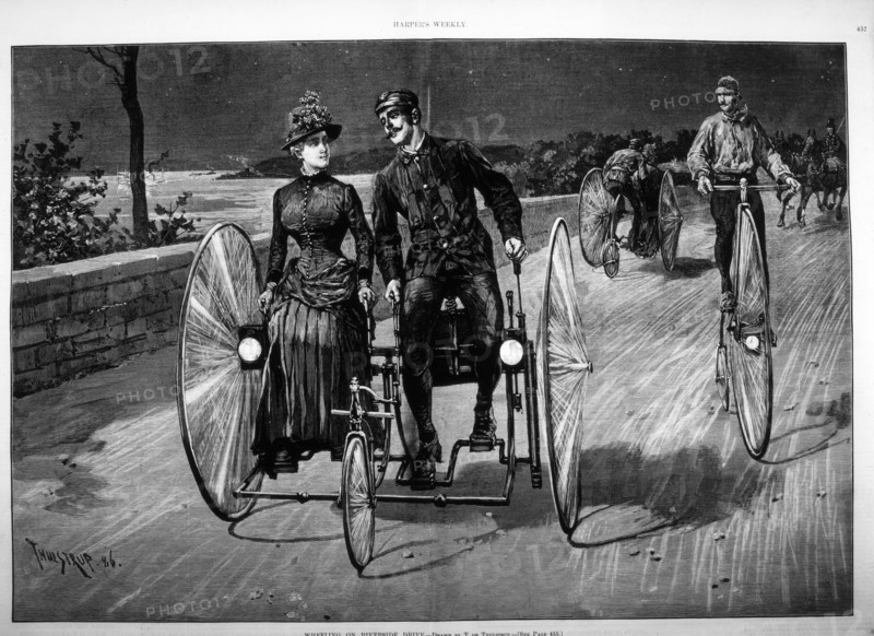 Couple Riding Quadracycle, "Wheeling on Riverside Drive", Illustration, Harper's Weekly, 1890