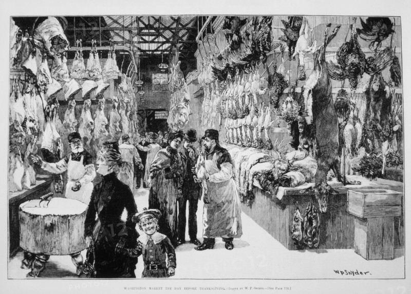 Customers in Butcher Shop, "Washington Market the day Before Thanksgiving", Illustration, Harper's Weekly, 1874
