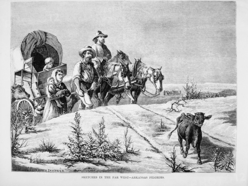 Family and Wagon Caravan, "Sketches in the Far West - Arkansas Pilgrims", Illustration, Harper's Weekly, 1874