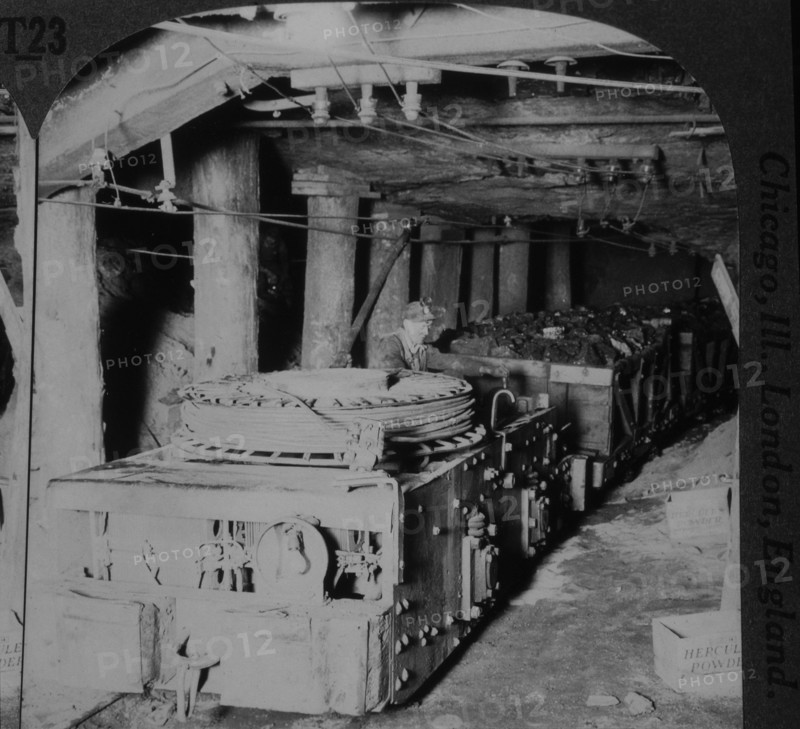 Worker Operating Electric Motor Hauling Coal Cars to Floor of Mine Shaft, near Scranton, Pennsylvania, USA, Single Image of Stereo Card, 1905