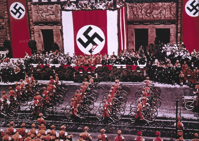 SA Troops with Bicycles Parading before Adolf Hitler at Rally, Dortmund, Germany, 1933
