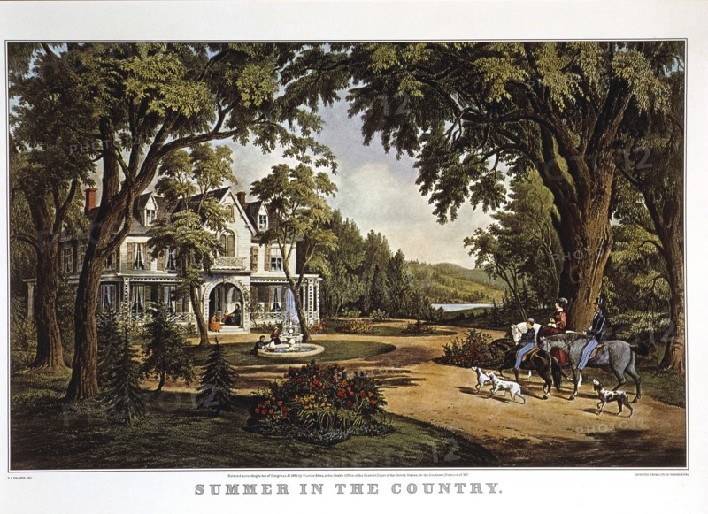 Family in Front of Rural Home, Summer in the Country, Lithograph, Currier & Ives, 1855