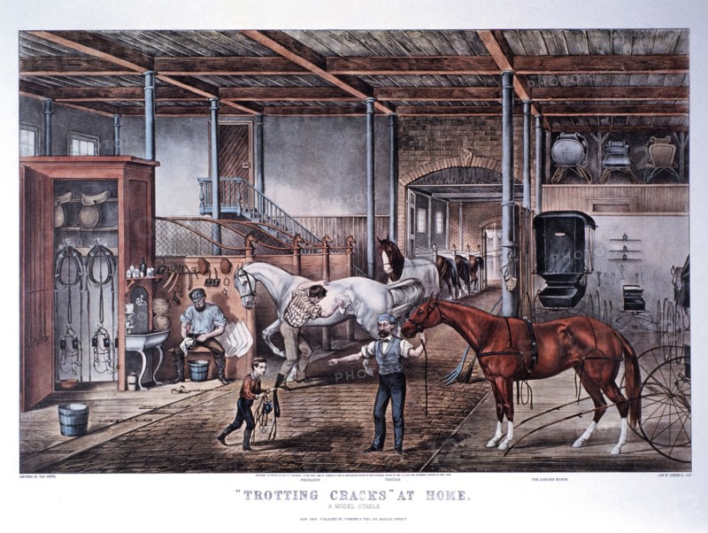 "Trotting Cracks" at Home, a Model Stable, Lithograph, Currier & Ives, 1866