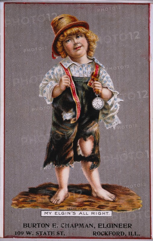 Young Boy with Pocket Watch, My Elgin's All Right, Elgin Watch Company, Trade Card, circa 1895