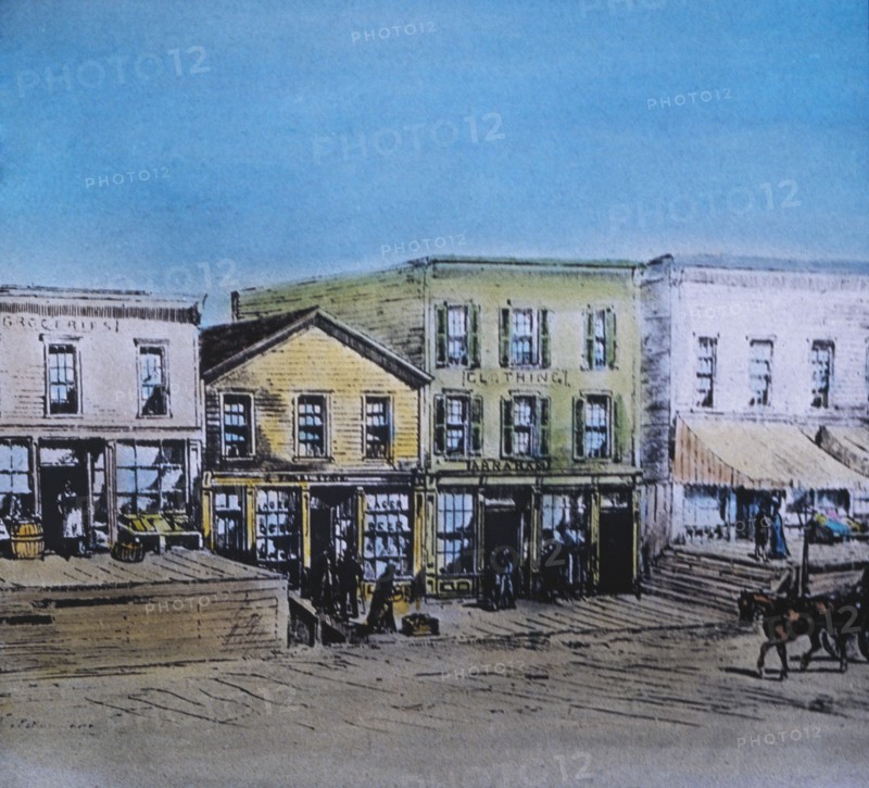 Buildings on Lake Street, Chicago, Illinois, USA, Hand-Colored Lantern Slide, 1834