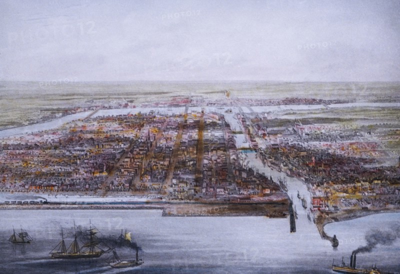 View of Chicago and Rivers from Lake, Chicago, Illinois, USA, Hand-Colored Lantern Slide, 1856