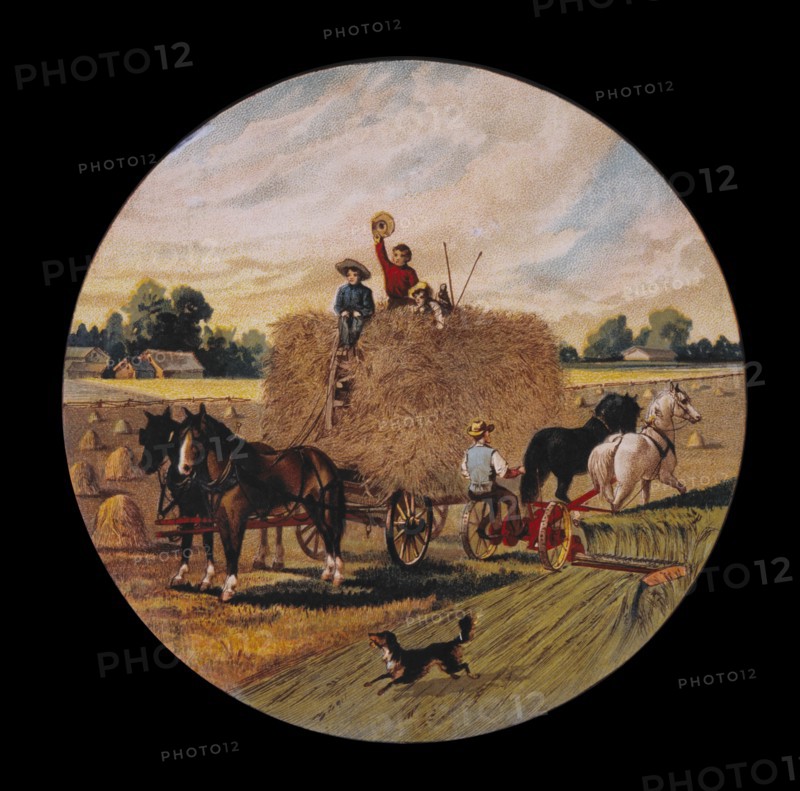 Children on Hay Wagon, American Farm Scene, Lithograph, Nathaniel Currier, 1890