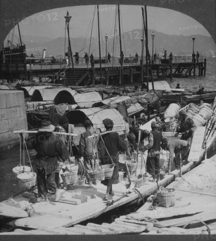 Coolies Unloading Barge, Hong Kong, Single Image of Stereo Card, 1910
