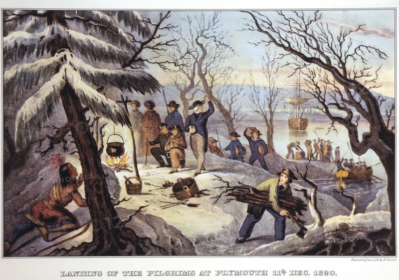 Landing of the Pilgrims at Plymouth Rock, 11th December 1620, Lithograph, Currier & Ives