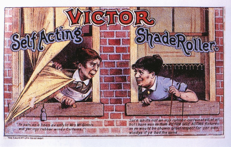 Two Women Leaning out of Apartment Windows to Talk, Victor Self-Acting Shade Roller, Vintage Trade Card, circa 1885
