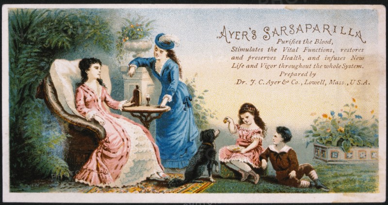 Ill Woman Receiving Medicine While Children Play with Dog Nearby, Ayer's Sarsaparilla, Trade Card, circa 1900