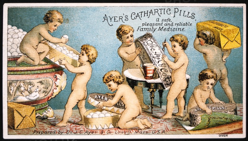 Group of Babies Packing Boxes, Ayer's Cathartic Pills, Trade Card, circa 1900