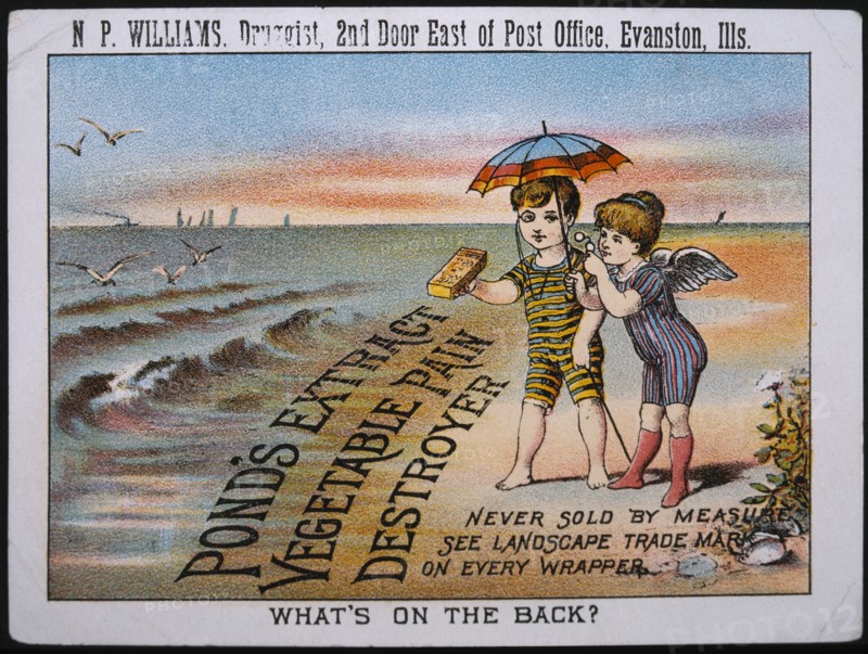 Couple on Beach, Pond's Extract Vegetable Pain Destroyer, Trade Card, circa 1900