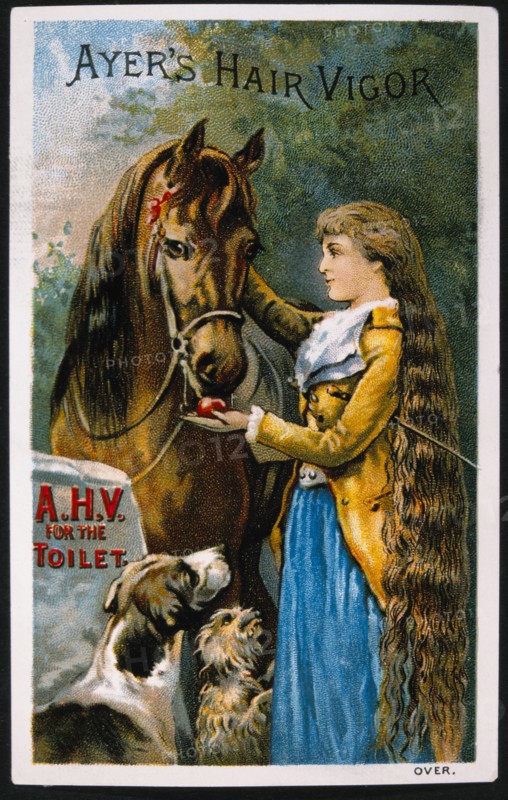 Woman with Horse and Dogs, Ayer's Hair Vigor, Trade Card, circa 1900