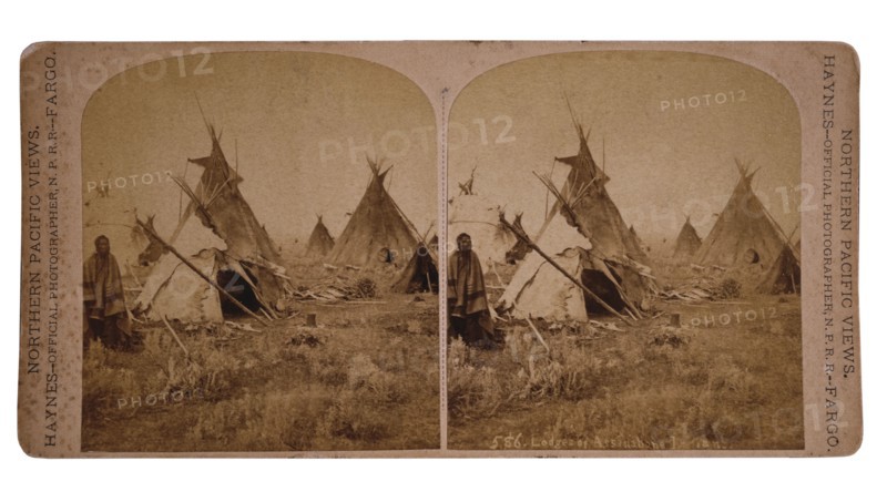 Lodges of Assinabone (Assiniboine) Indians, Dakota Territory, USA, Stereo Card, circa 1870's