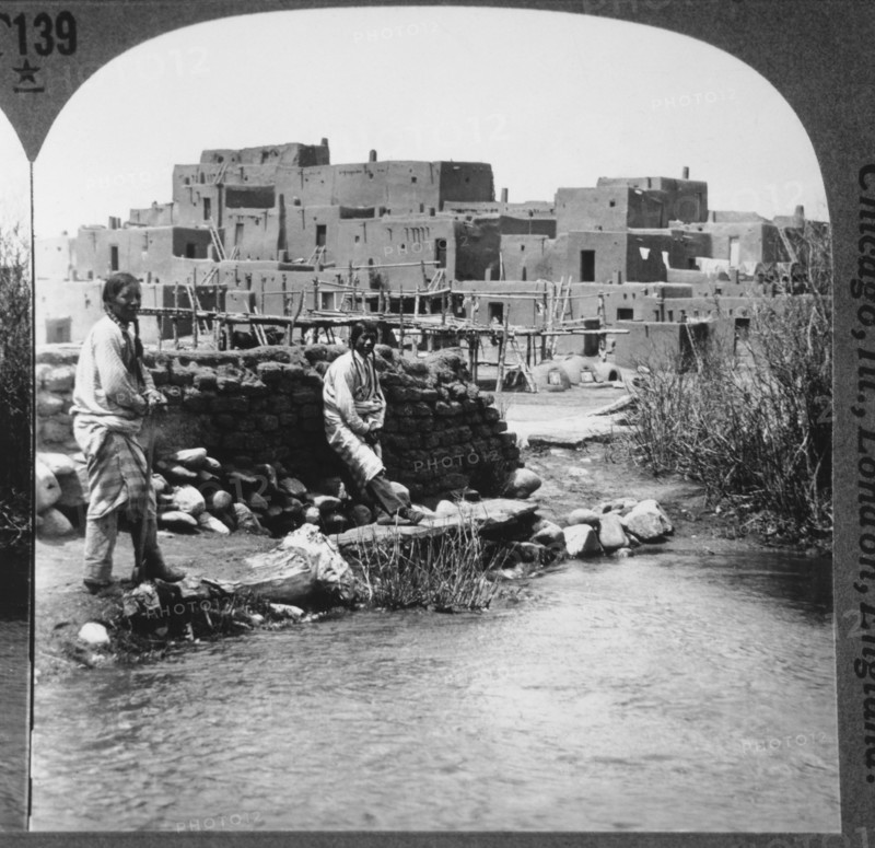 Two Native Americans Standing Next to Stream, Taos Pueblo, New Mexico, USA, Single Image of Stereo Card, circa 1900