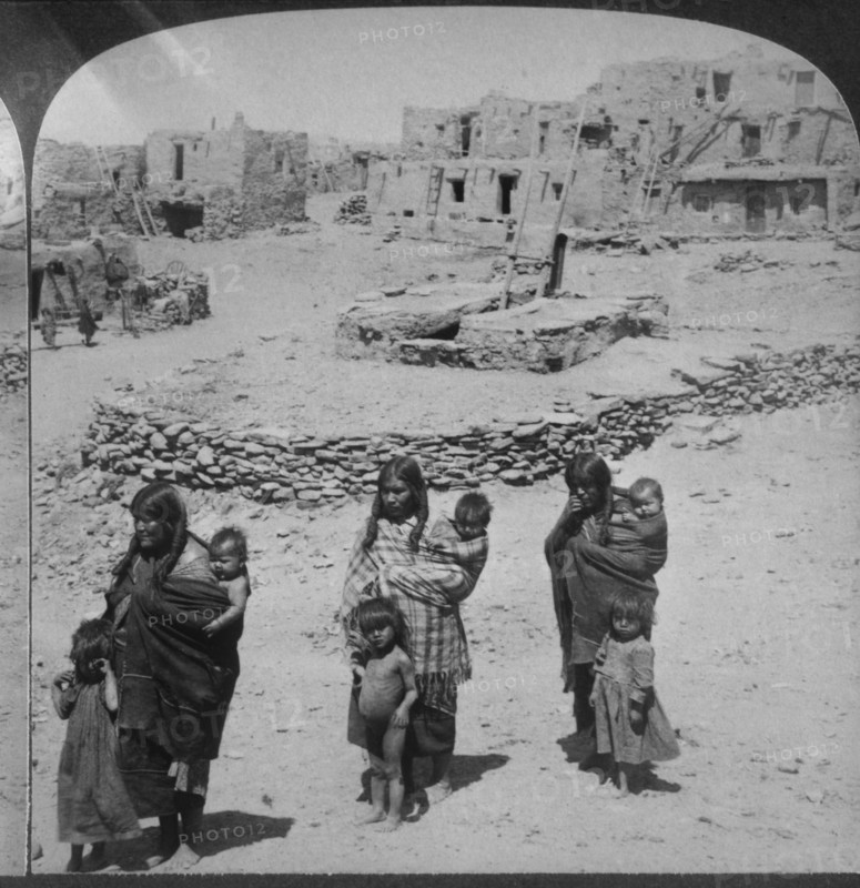 Women and Children, Oraibi, Hopi Village, Arizona, USA, Single Image of Stereo Card, circa 1903