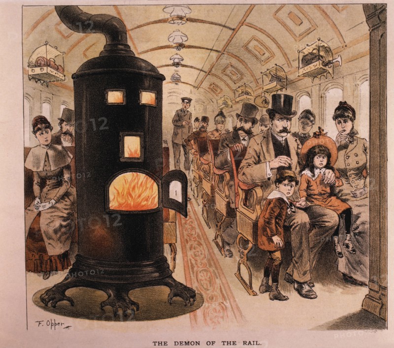 The Demon of the Rail, Coal-Burning Stove in Passenger Train Car, Puck Magazine, Hand-Colored Engraving, 1887