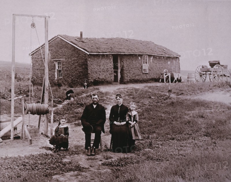 Pioneer Family in Front of Sod House, Portrait, Kansas, USA, circa 1880