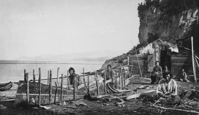 Montagnais Making Bark Canoe, Murray Bay, Canada, circa 1863