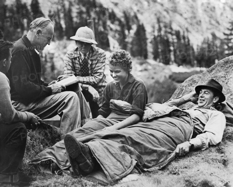 Director Sam Wood, Cinematographer Ray Rennahan, Ingrid Bergman, Gary Cooper on-set of the Film, "For Whom the Bell Tolls", 1943