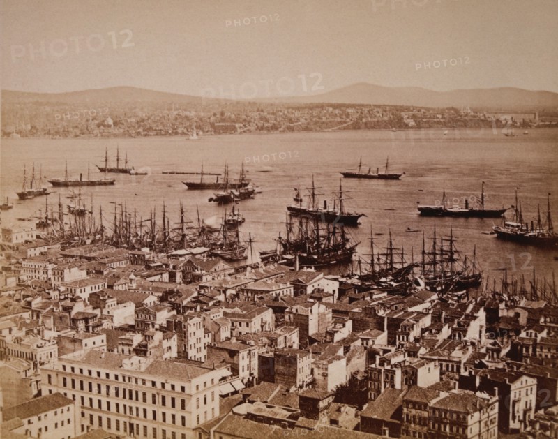 Buildings Along Waterfront with Ships in Harbor, Constantinople (Istanbul), Turkey, circa 1880