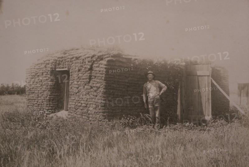 Man Standing Near his Sod House, North Dakota, USA, circa 1889