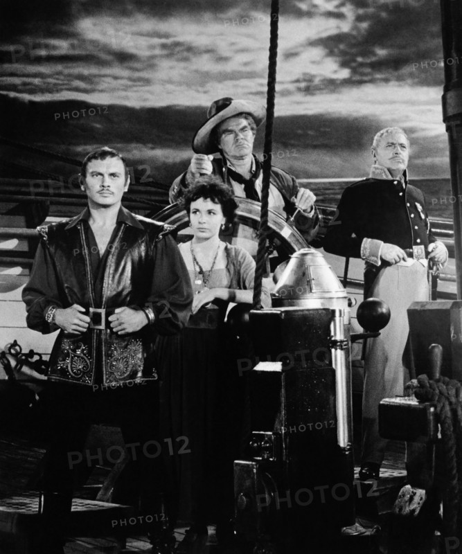 Yul Brynner, Claire Bloom, George Mathews, Charles Boyer, on-set of the Film, "The Buccaneer", 1958