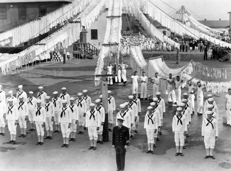 Edward G. Robinson (center) Amongst Large Group of Sailors Standing at Attention, on-set of the Film, "Destroyer", 1943