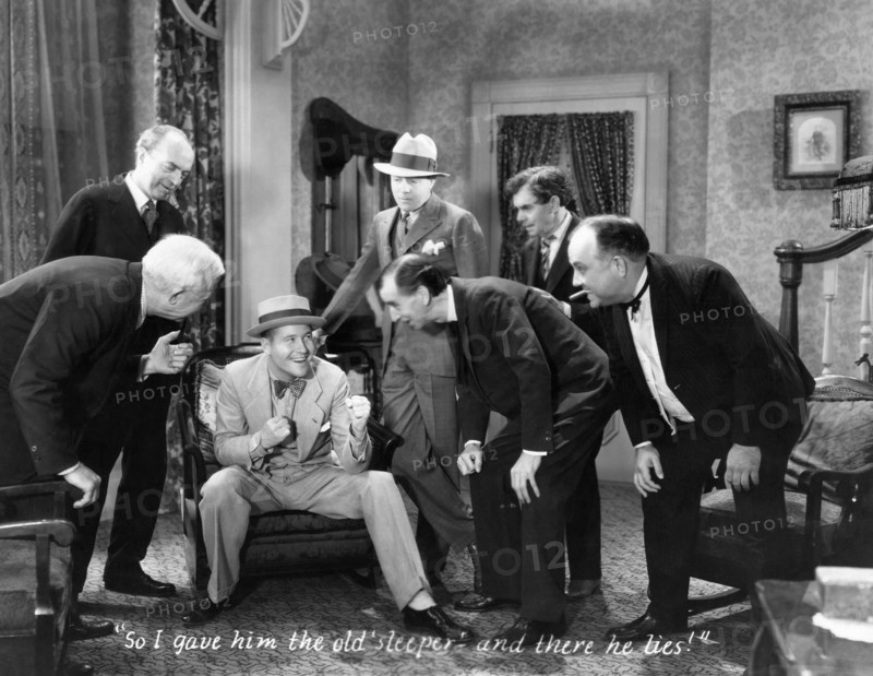 Jack Oakie (C), Richard Gallagher (Hat), Charles Sellon (2nd R), Henry Roquemore (R), on-set of Film, "The Social Lion", 1930