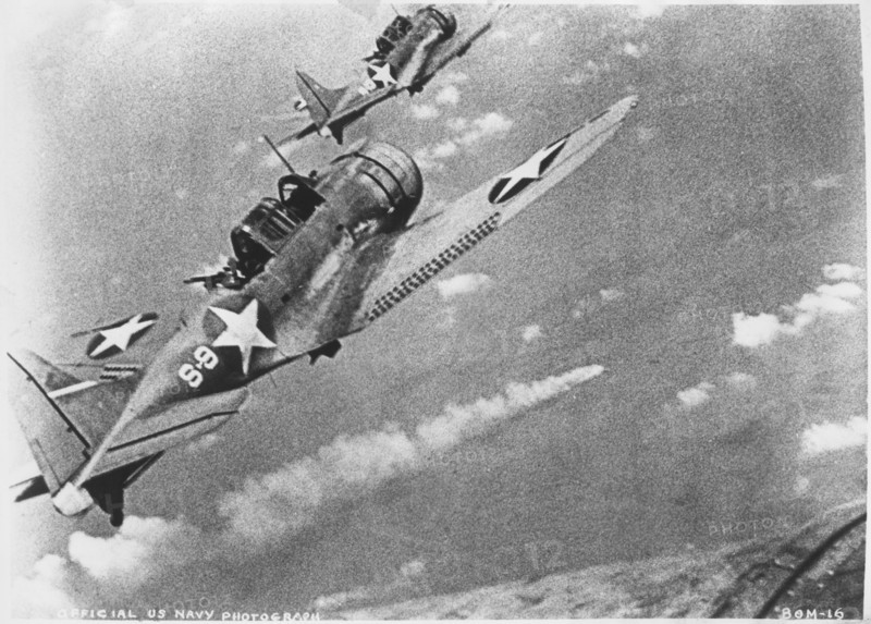 U.S. Douglas SBD-3 Dauntless Dive Bombers About to Attack Burning Japanese Cruiser Mikuma, June 6, 1942