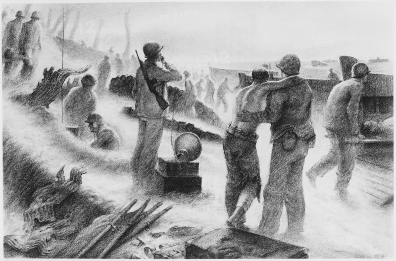 Wounded US Marines Being Escorted from Engebi Island to Land Craft for Transfer to Sick Bay for Treatment, Illustration, 1944