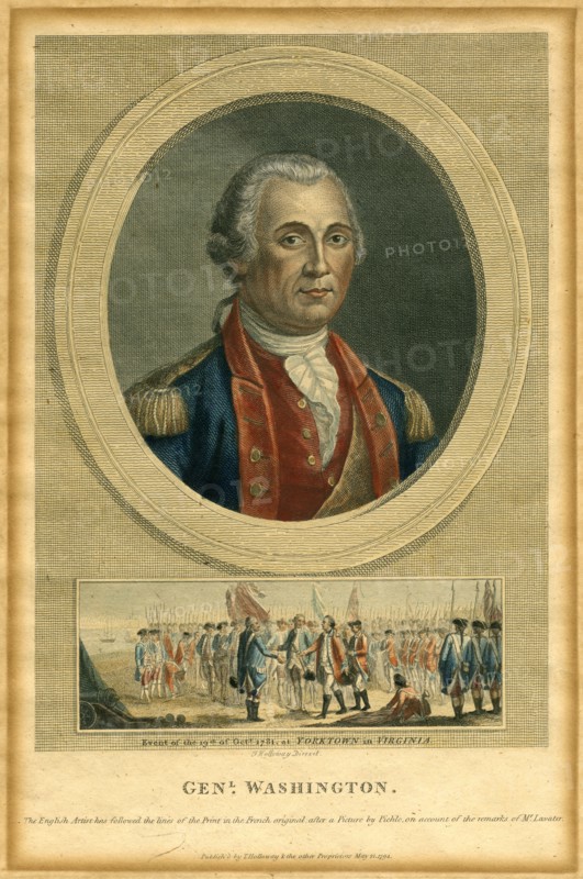 General George Washington, Portrait, above War Scene of General George Washington's Defeat of the British Army at Yorktown, Virginia, 1781