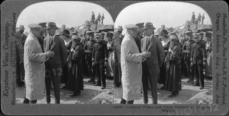 U.S. President Woodrow Wilson and Brand Whitlock, U.S. Minister to Belgium, Amongst Crowd, Nieuport, Belgium, 1919, Stereo Card