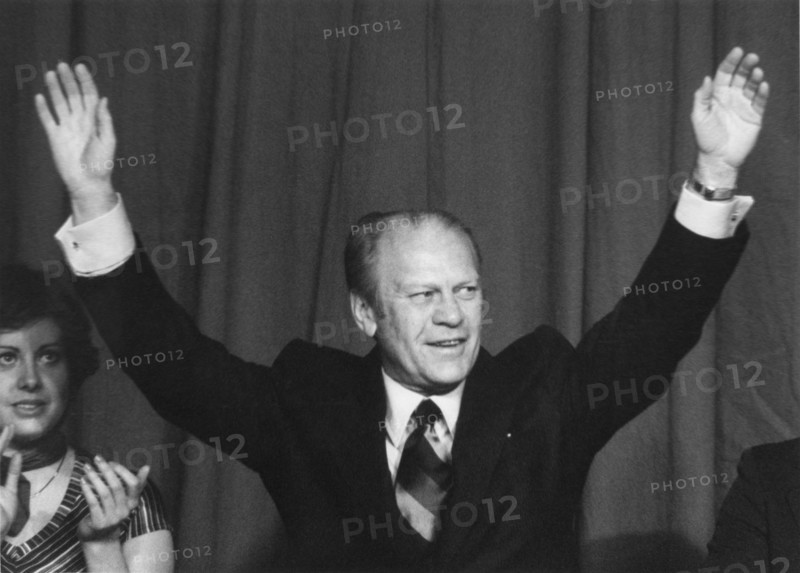 Gerald R. Ford, 38th U.S. President, Portrait with Arms Raised While Serving as House Minority Leader, 1972